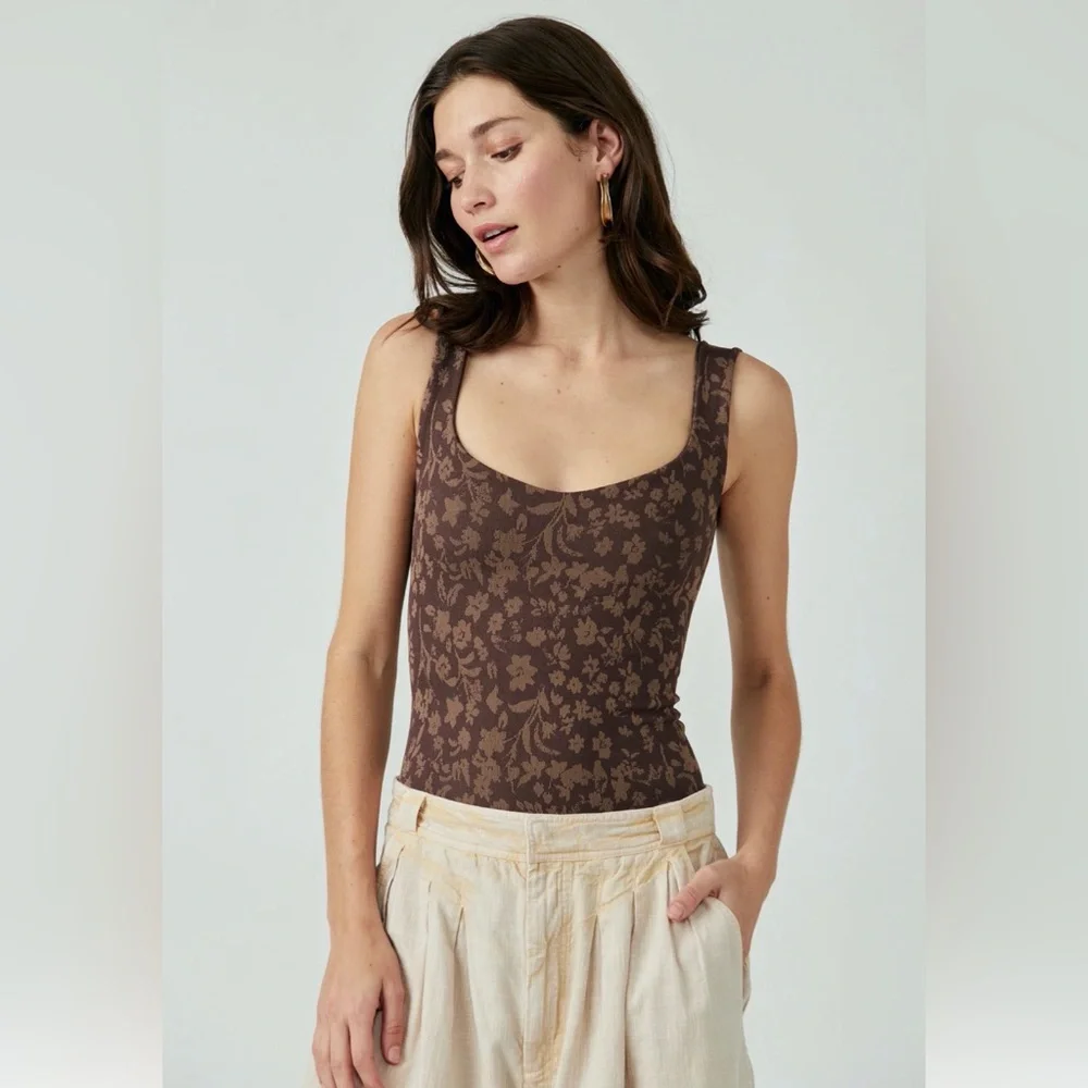 NWT Free People’s Printed Clean Lines Chocolate Combo Bodysuit XS/S